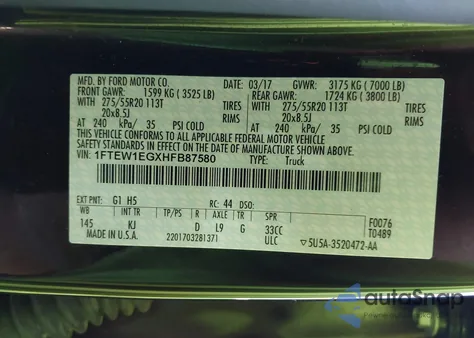 2017 Ford F-150 King Ranch z USA, uszkodzony, nr VIN 1FTEW1EGXHFB87580